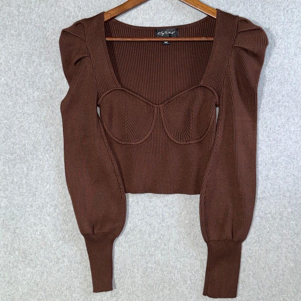 Say What Brown Ribbed Knit Bustier Crop Top Puff Sleeve Square Neck Mens Size M
